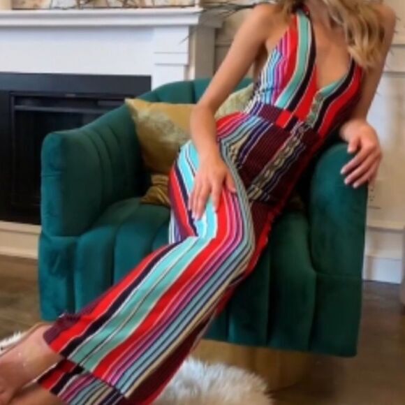 Multi Colored Striped Halter Style Jumpsuit - Picture 4 of 11
